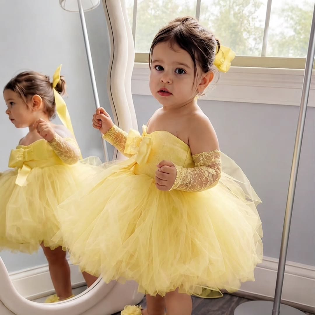 Embroidery Yellow Flower - فستان الأميرة الأصفر للفتيات لحفلات الزفاف